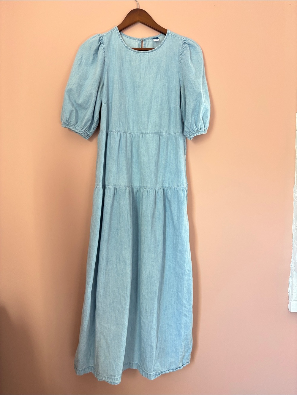 Boho chambray Puff-Sleeve Tiered Dress